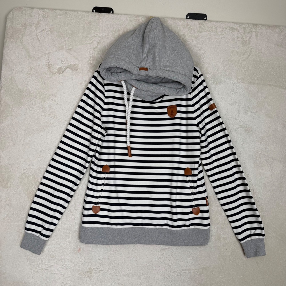 Wanakome Artemis Striped Cowl Neck Hoodie Black White Grey Large